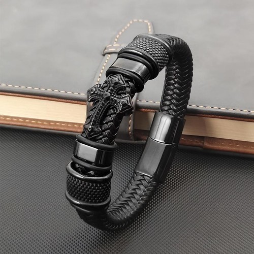 Mens leather cross bracelet - mens,